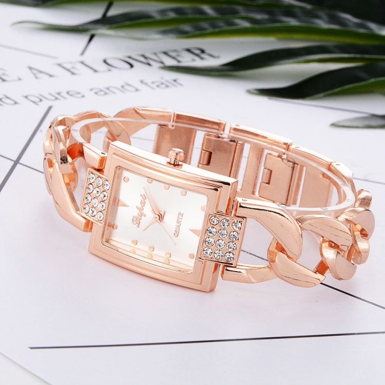 Square Dial Diamond Plated Hollow Alloy Bracelet Strap Quartz Watch for Women