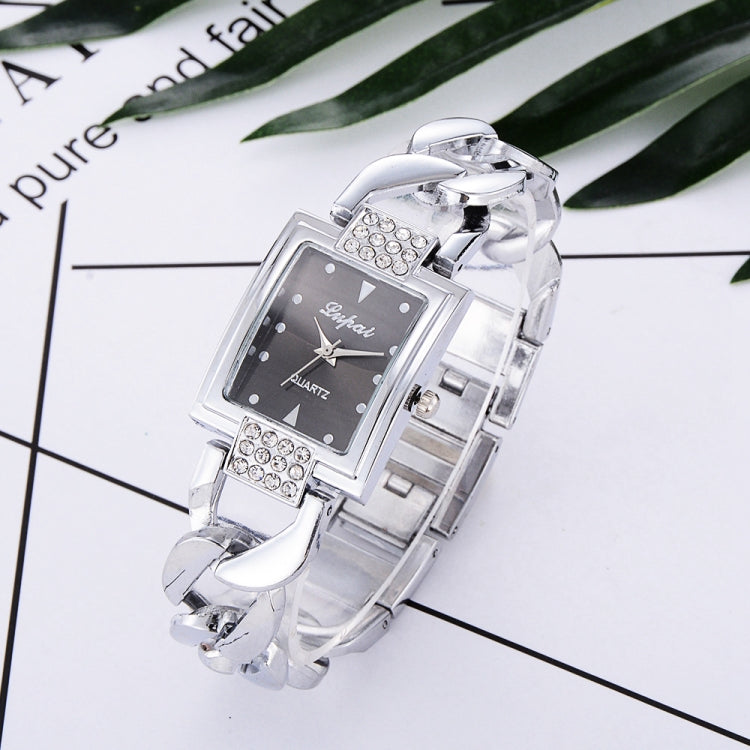 Square Dial Diamond Plated Hollow Alloy Bracelet Strap Quartz Watch for Women