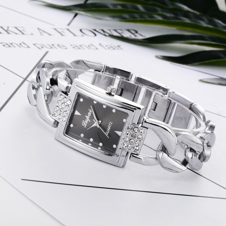 Square Dial Diamond Plated Hollow Alloy Bracelet Strap Quartz Watch for Women