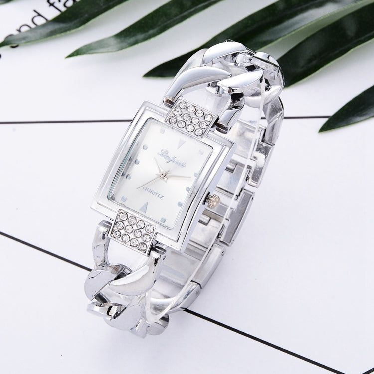 Square Dial Diamond Plated Hollow Alloy Bracelet Strap Quartz Watch for Women