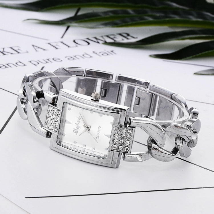 Square Dial Diamond Plated Hollow Alloy Bracelet Strap Quartz Watch for Women