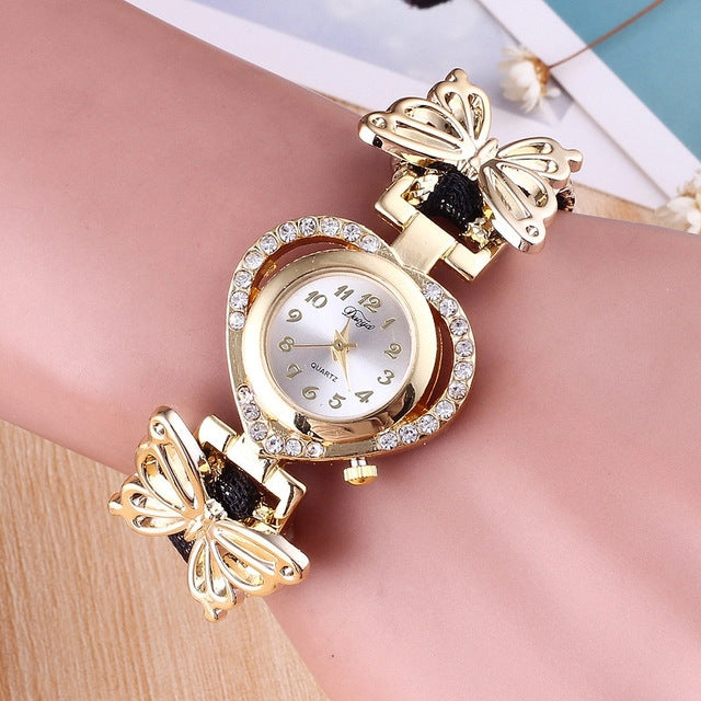 Women Heart Shaped Dial Diamond Stainless Steel Butterfly Bracelet Watch