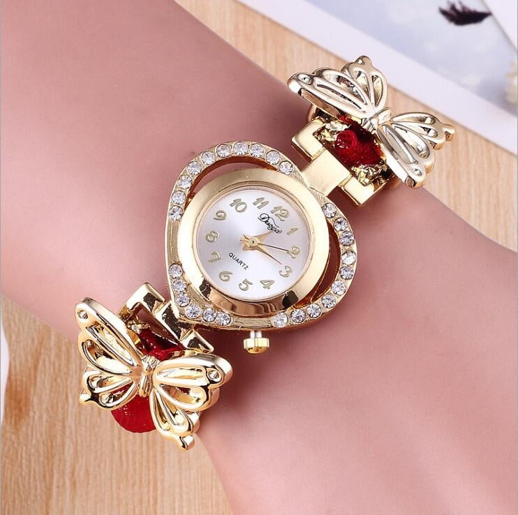 Women Heart Shaped Dial Diamond Stainless Steel Butterfly Bracelet Watch