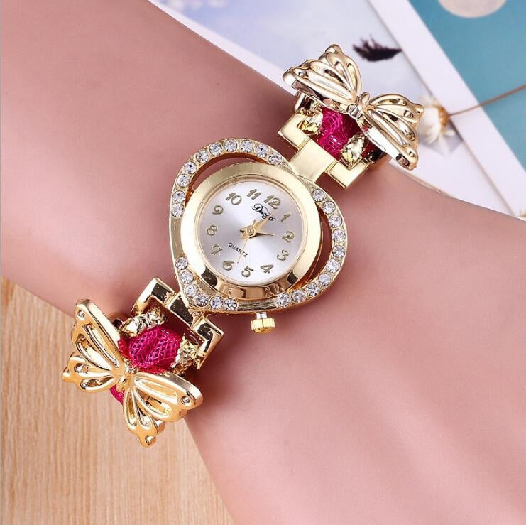 Women Heart Shaped Dial Diamond Stainless Steel Butterfly Bracelet Watch