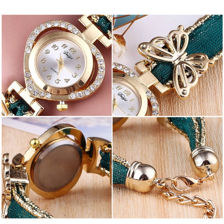 Women Heart Shaped Dial Diamond Stainless Steel Butterfly Bracelet Watch