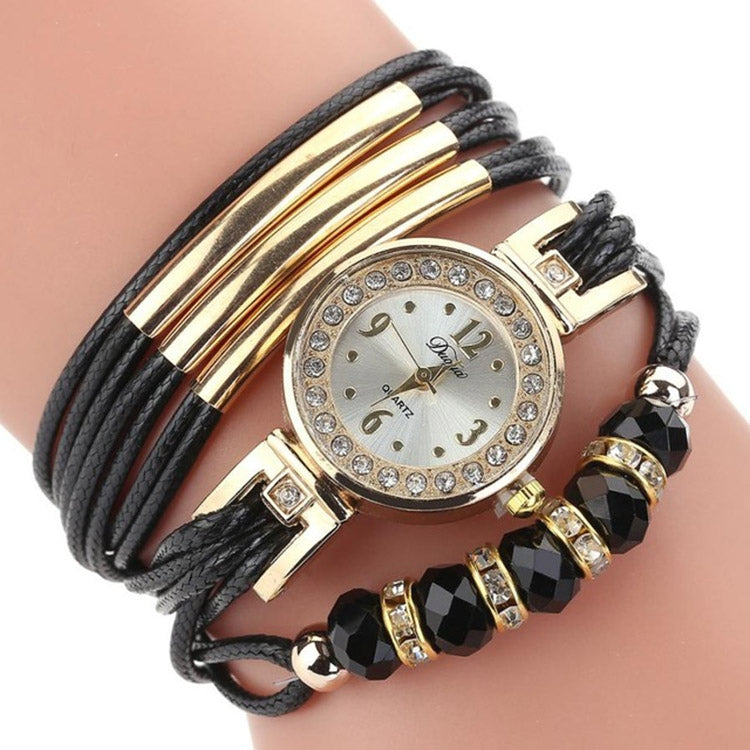 Leather Belt Rhinestone Circle Bracelet Quartz Watch for Women