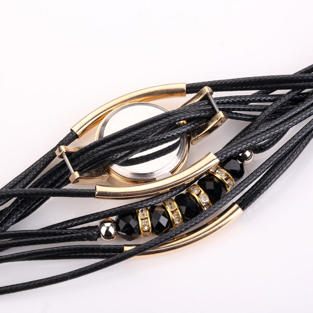 Leather Belt Rhinestone Circle Bracelet Quartz Watch for Women