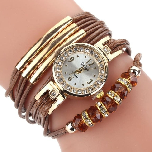 Leather Belt Rhinestone Circle Bracelet Quartz Watch for Women