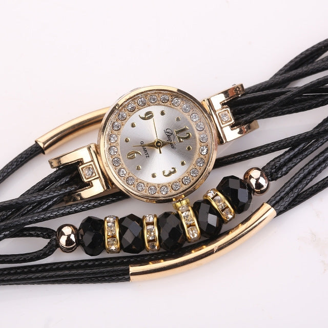 Leather Belt Rhinestone Circle Bracelet Quartz Watch for Women