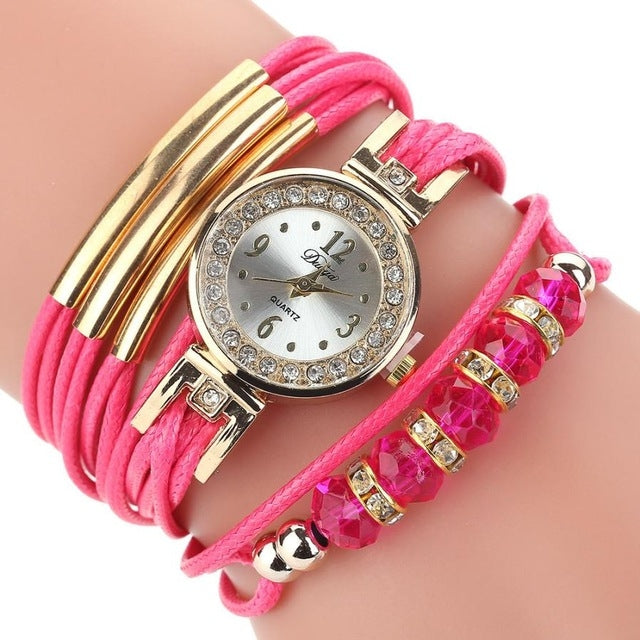 Leather Belt Rhinestone Circle Bracelet Quartz Watch for Women