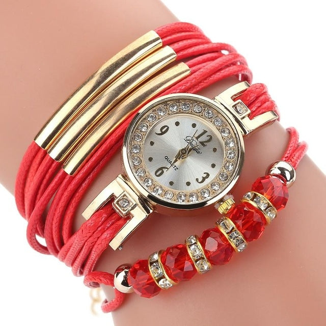 Leather Belt Rhinestone Circle Bracelet Quartz Watch for Women