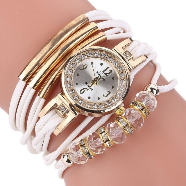 Leather Belt Rhinestone Circle Bracelet Quartz Watch for Women