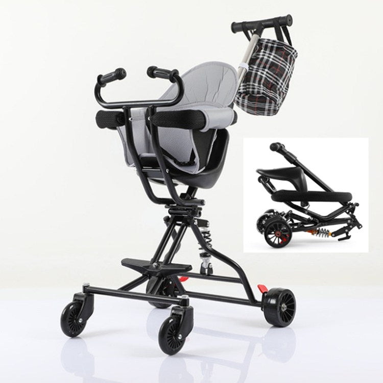 One-click Folding Baby Stroller, Color:Black 1 + Pad + Basket