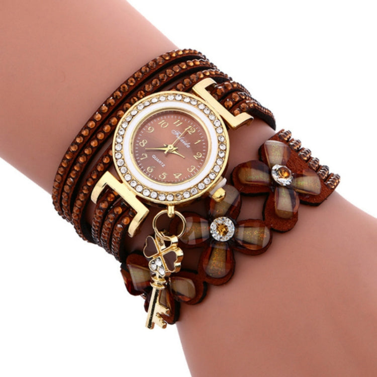 FULAIDA Round Dial Diamond Flower Bracelet Watch with Flower Shape Key Pendant