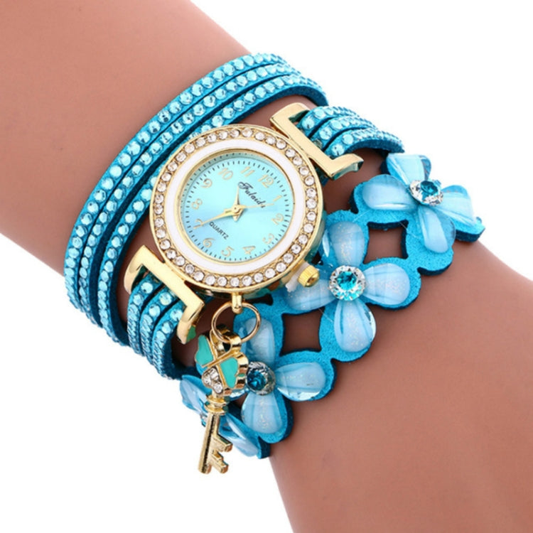 FULAIDA Round Dial Diamond Flower Bracelet Watch with Flower Shape Key Pendant