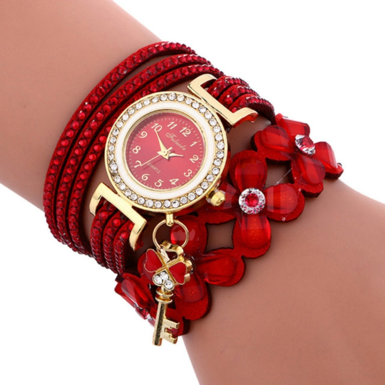 FULAIDA Round Dial Diamond Flower Bracelet Watch with Flower Shape Key Pendant