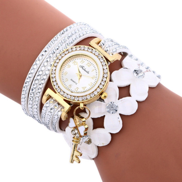 FULAIDA Round Dial Diamond Flower Bracelet Watch with Flower Shape Key Pendant