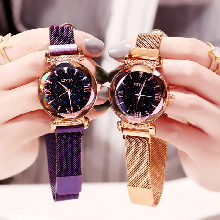 LSVTR Rhombus Mirror Diamond Starry Sky Dial PU Leather Strap Watch for Women