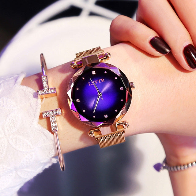 LSVTR Rhombus Mirror Diamond Starry Sky Dial PU Leather Strap Watch for Women