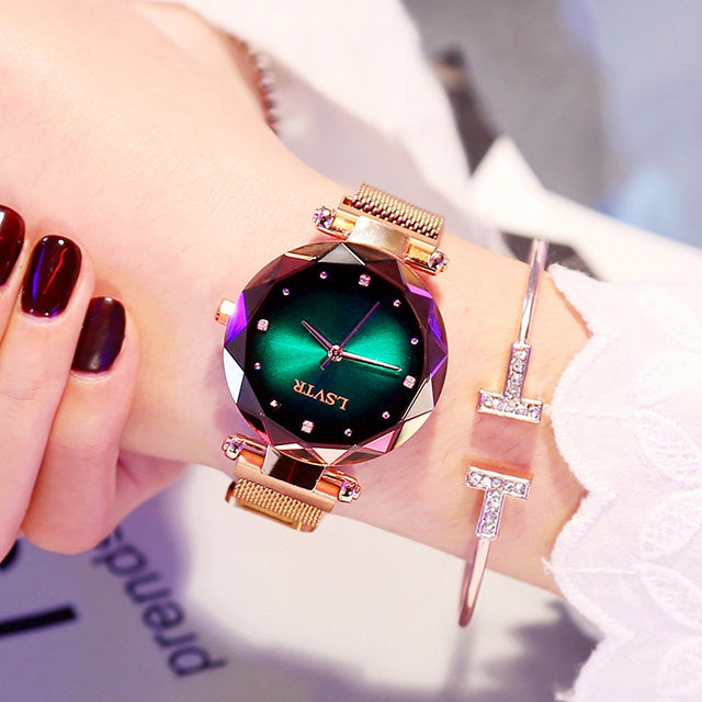 LSVTR Rhombus Mirror Diamond Starry Sky Dial PU Leather Strap Watch for Women