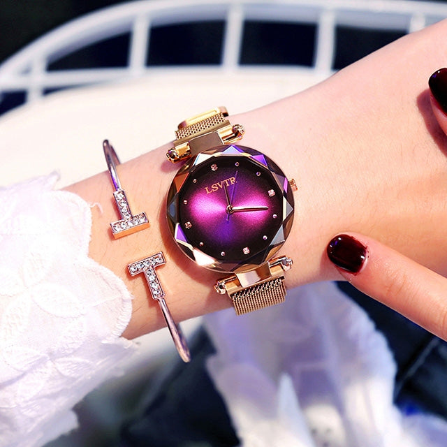 LSVTR Rhombus Mirror Diamond Starry Sky Dial PU Leather Strap Watch for Women