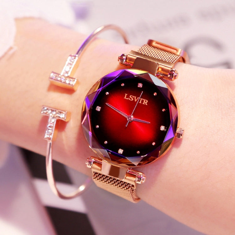 LSVTR Rhombus Mirror Diamond Starry Sky Dial PU Leather Strap Watch for Women