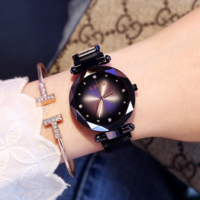 LSVTR Rhombus Mirror Diamond Starry Sky Dial PU Leather Strap Watch for Women