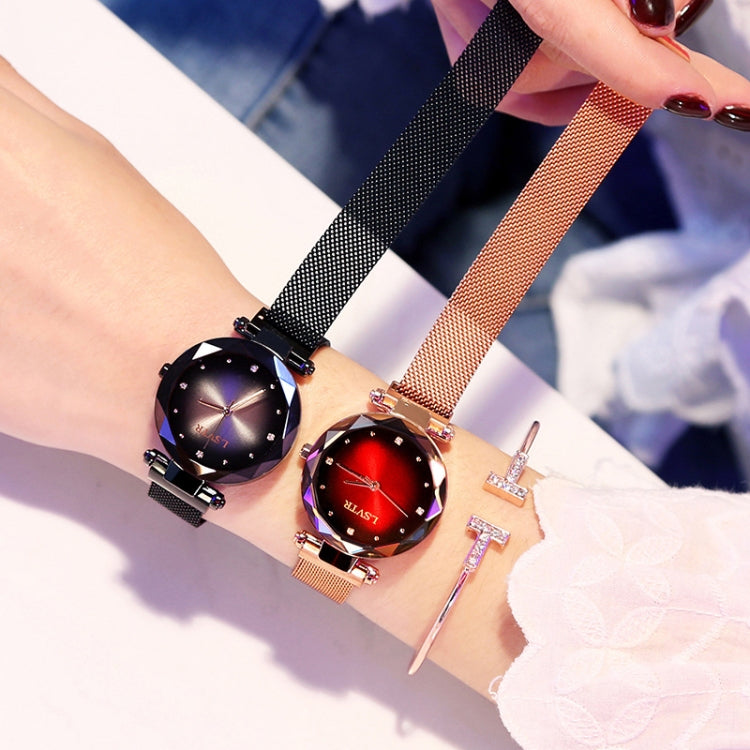 LSVTR Rhombus Mirror Diamond Starry Sky Dial PU Leather Strap Watch for Women