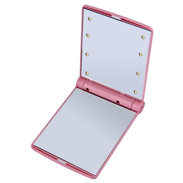 2 PCS Lady Cosmetic Vanity Mirror Folding Portable Pocket  Built-in LED Lighting Bulbs