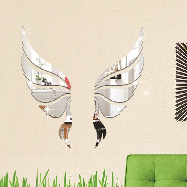 Crystal Three Dimensional Decorative Wall Stickers Angel Wings Bedroom Decorative Mirror