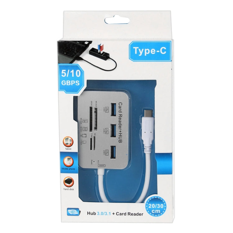 USB 3.1 Type-C COMBO 3 Ports HUB + MS DUO / SD(HC) / M2 / T-Flash Card Reader with LED Indication(Silver)