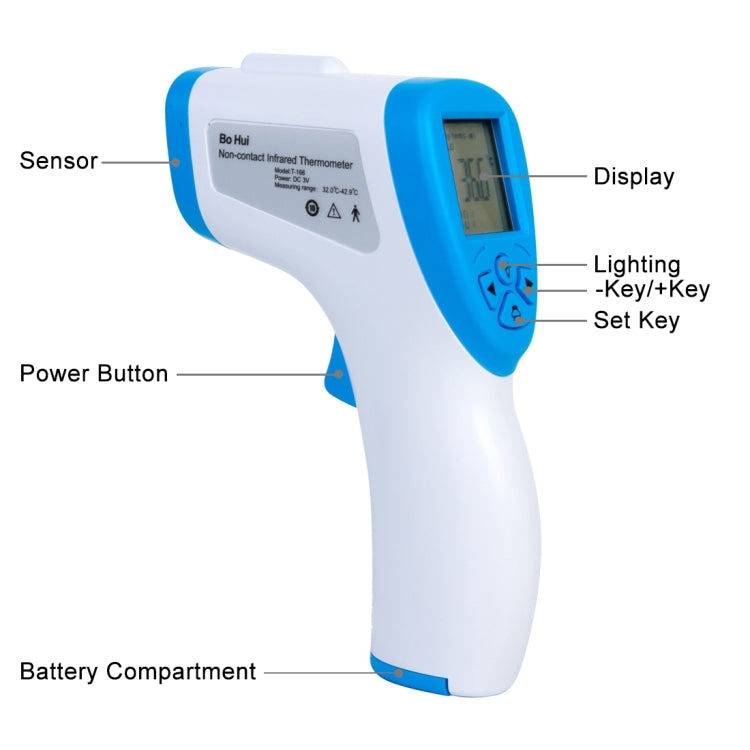 [HK Warehouse] BOHUI T-168 IR Infrared Thermometer Forehead Surface Digital Non-contact Electronic Thermometer, Temperature Range: 32 degrees Celsius to 42.9 degrees Celsius