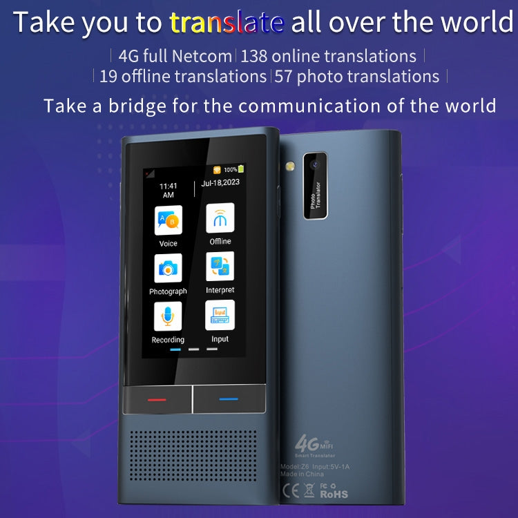 Z6 4G Version 3.1 inch Screen Smart Voice Translator for Business Travel 1GB+16GB Support 138 Languages Inter-Translation (Black)