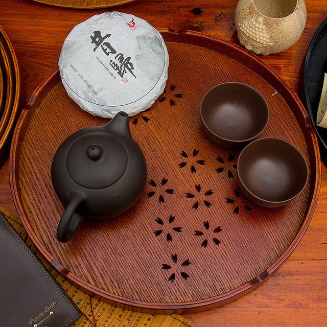Creative Round Brown Cherry Blossom Solid Wood Tea Tray Hotel Wooden Tay Storage Tray, Diameter: 27 cm