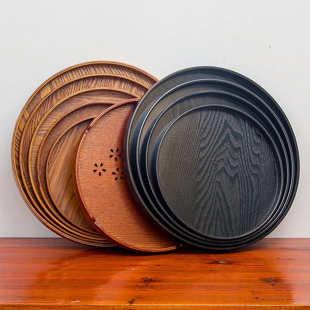 Creative Round Brown Cherry Blossom Solid Wood Tea Tray Hotel Wooden Tay Storage Tray, Diameter: 27 cm