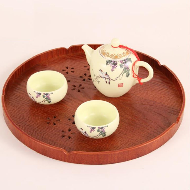 Creative Round Brown Cherry Blossom Solid Wood Tea Tray Hotel Wooden Tay Storage Tray, Diameter: 27 cm