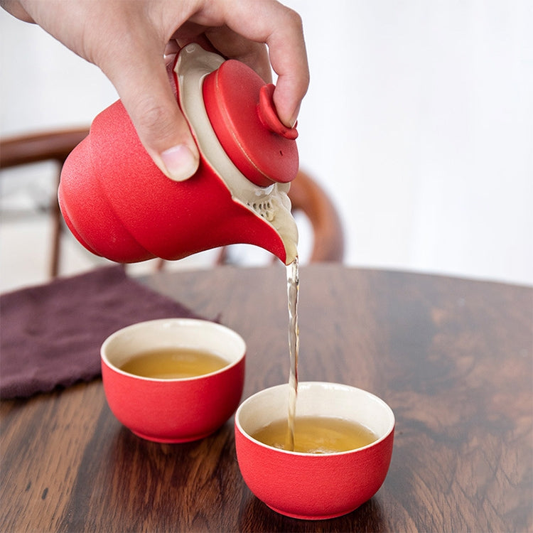 4 in 1 Teapot + Two Tea Cups + Storage Box Portable Travel Coarse Pottery Kung Fu Tea Set