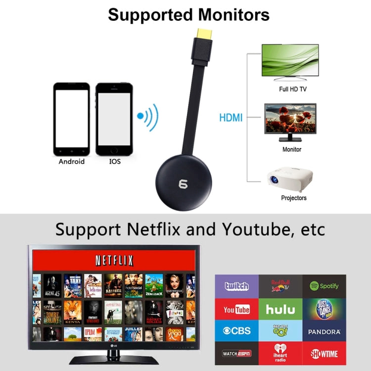 G6 Wireless WiFi Display Dongle Receiver Airplay Miracast DLNA TV Stick for iPhone, Samsung, and other Android Smartphones, RK3036 Dual Core Cortex A7 up to 1.5GHz(Black)