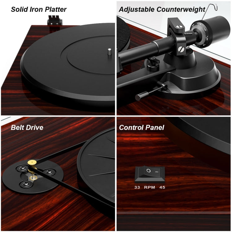 [US Warehouse] Wooden Retro Record Player with Built-in Phono Preamp And Belt Drive