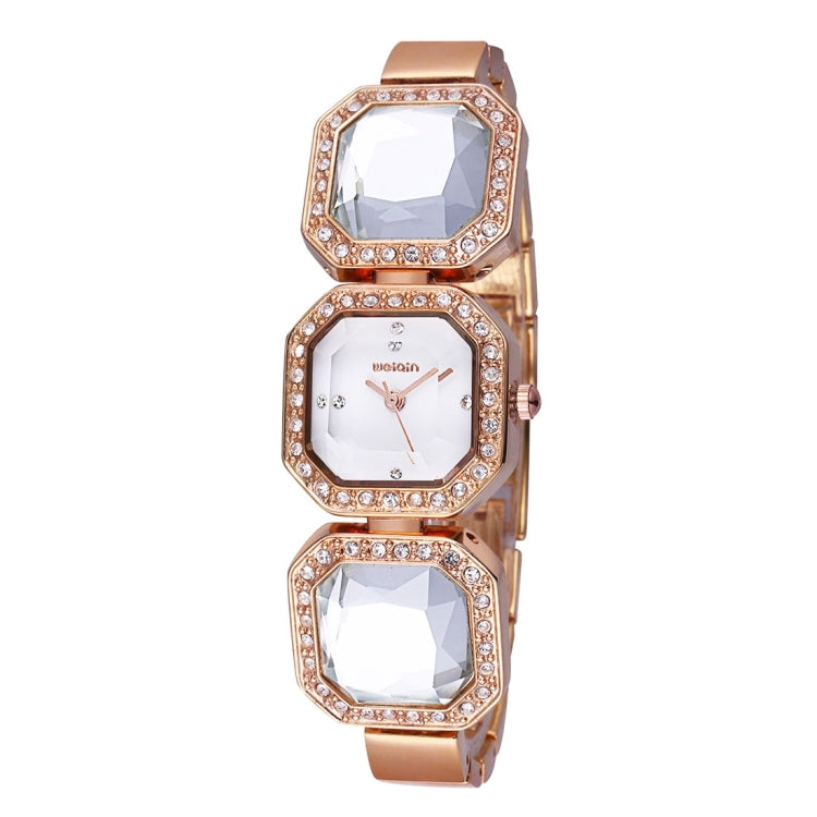 WeiQin 3912 Fashionable and Concise Diamond Dial Acrylic Crystal Window Quartz Jewelry Bracelet Wrist Watch with Diamond Encrusted Alloy Band for Women