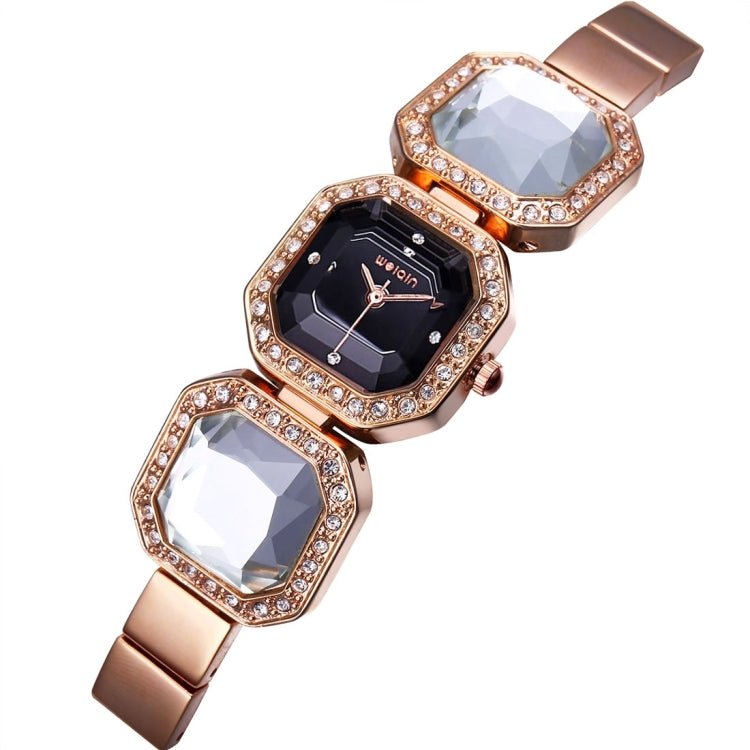 WeiQin 3912 Fashionable and Concise Diamond Dial Acrylic Crystal Window Quartz Jewelry Bracelet Wrist Watch with Diamond Encrusted Alloy Band for Women