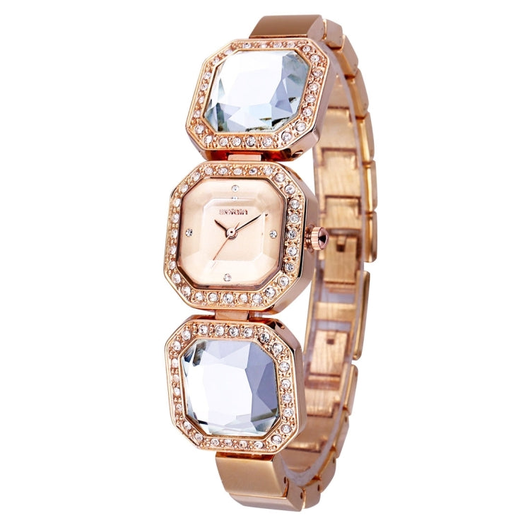 WeiQin 3912 Fashionable and Concise Diamond Dial Acrylic Crystal Window Quartz Jewelry Bracelet Wrist Watch with Diamond Encrusted Alloy Band for Women
