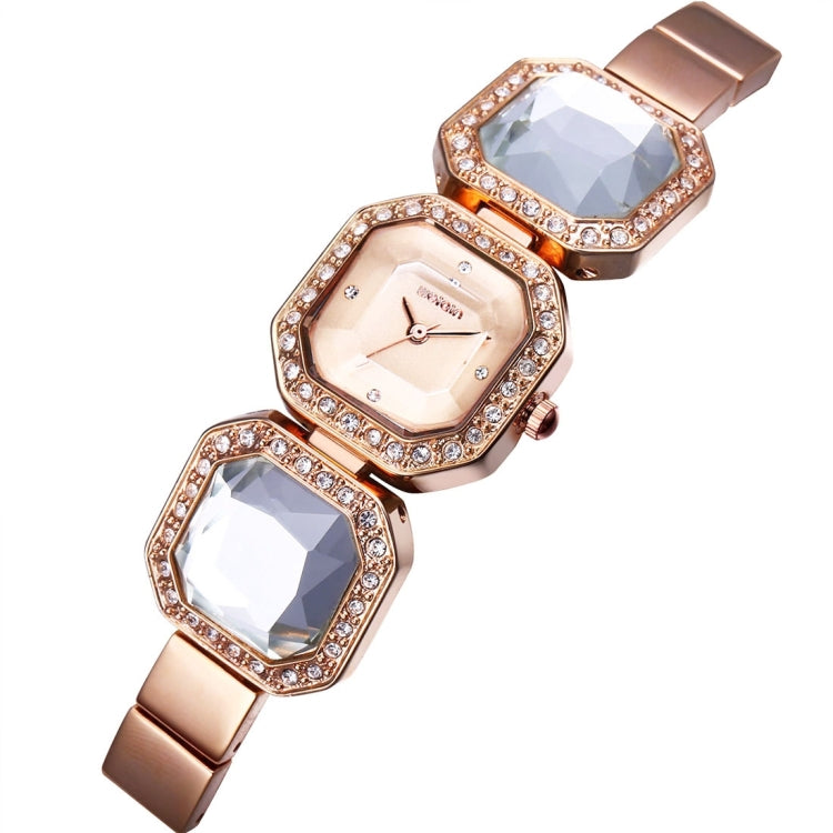 WeiQin 3912 Fashionable and Concise Diamond Dial Acrylic Crystal Window Quartz Jewelry Bracelet Wrist Watch with Diamond Encrusted Alloy Band for Women