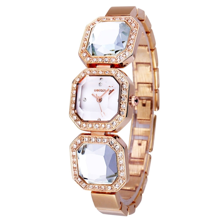 WeiQin 3912 Fashionable and Concise Diamond Dial Acrylic Crystal Window Quartz Jewelry Bracelet Wrist Watch with Diamond Encrusted Alloy Band for Women