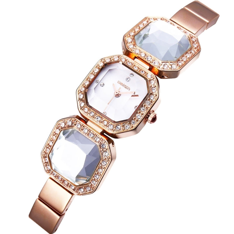 WeiQin 3912 Fashionable and Concise Diamond Dial Acrylic Crystal Window Quartz Jewelry Bracelet Wrist Watch with Diamond Encrusted Alloy Band for Women