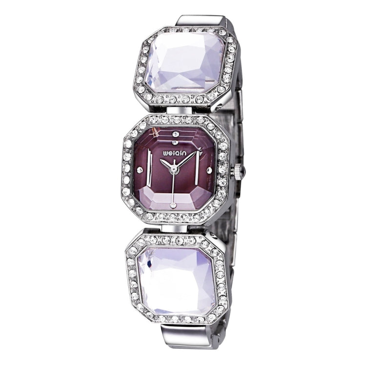 WeiQin 3912 Fashionable and Concise Diamond Dial Acrylic Crystal Window Quartz Jewelry Bracelet Wrist Watch with Diamond Encrusted Alloy Band for Women