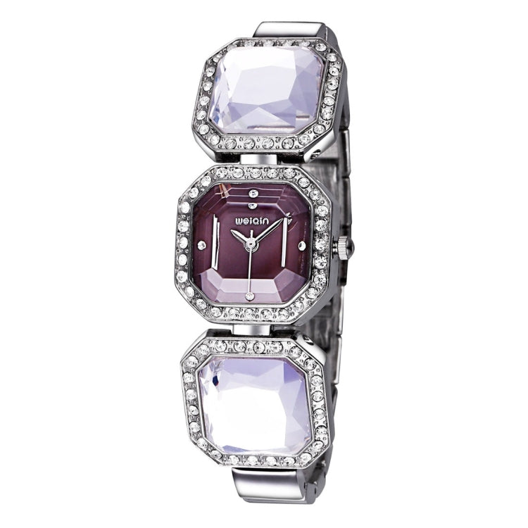 WeiQin 3912 Fashionable and Concise Diamond Dial Acrylic Crystal Window Quartz Jewelry Bracelet Wrist Watch with Diamond Encrusted Alloy Band for Women
