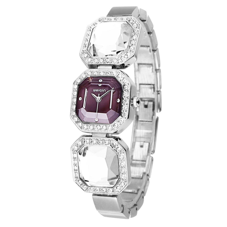 WeiQin 3912 Fashionable and Concise Diamond Dial Acrylic Crystal Window Quartz Jewelry Bracelet Wrist Watch with Diamond Encrusted Alloy Band for Women