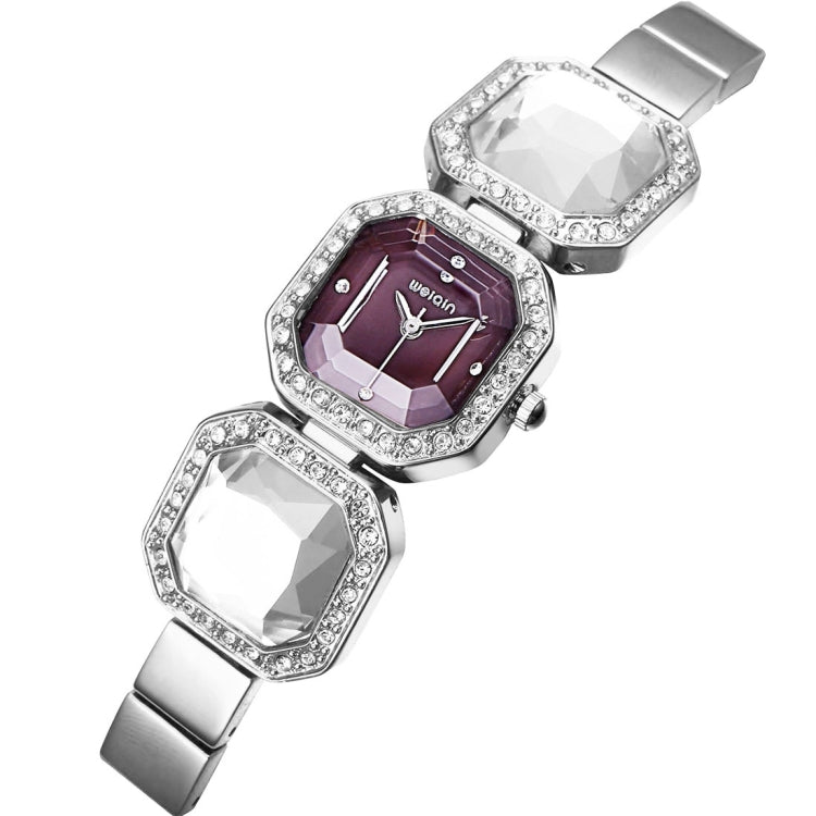WeiQin 3912 Fashionable and Concise Diamond Dial Acrylic Crystal Window Quartz Jewelry Bracelet Wrist Watch with Diamond Encrusted Alloy Band for Women