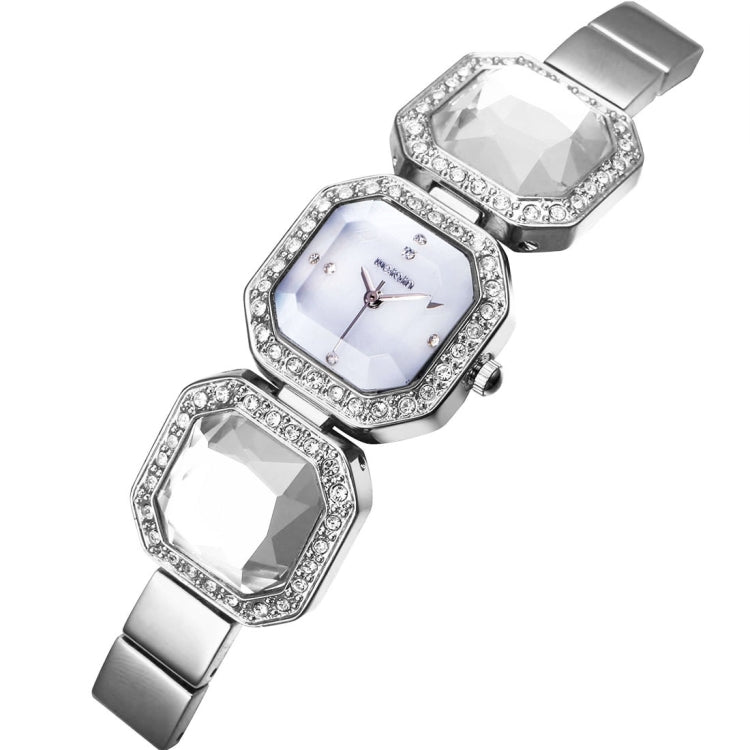 WeiQin 3912 Fashionable and Concise Diamond Dial Acrylic Crystal Window Quartz Jewelry Bracelet Wrist Watch with Diamond Encrusted Alloy Band for Women